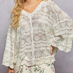 POL Open Knit V-Neck Oversized Short Sleeve Sweater S-L